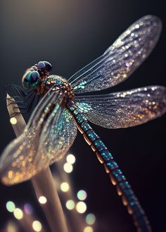 a dragonfly sitting on top of a plant with lots of lights in the background