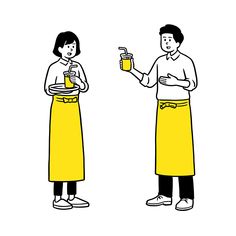 two people standing next to each other, one holding a drink and the other wearing an apron