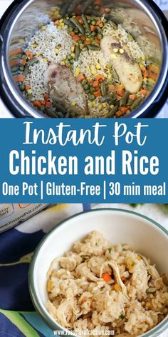 instant pot chicken and rice in a bowl with text overlay that reads instant pot chicken and rice