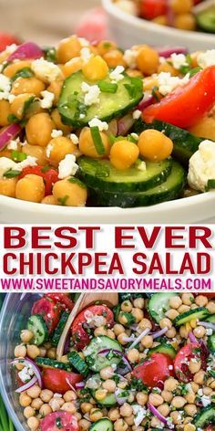 the best ever chickpea salad recipe is in two bowls and ready to be eaten