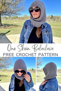 a woman wearing a denim jacket with a hood on her head and the text, one skein balckna free crochet pattern