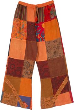 Fun hippie style street-wear cotton patchwork pants with pockets on either side. The color tone of these pants is mainly orange, but also has some brown, red and blue on some patches. These cotton pants are worn as a loose fit and therefore are airy and comfortable; some patches are slightly sheer. The waist has elastic and drawstring for the confident fit. The patches include floral, ethnic, plain and striped prints. Since the product is entirely handmade, there can be slight variation in the g Lorde Concert, Bridesmaids Outfits, Random Clothing, Moon Cosplay, Patchwork Pants, Estilo Hippy, Boho Jumpsuit, Boho Clothes, Orange Pants