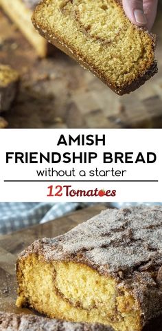 an image of bread being cut into pieces with the words amish friendship bread without a starter