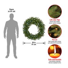 a man standing next to a christmas wreath with lights on it and measurements for the size