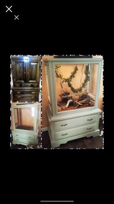 an old dresser has been transformed into a display case with wreaths on top and drawers below