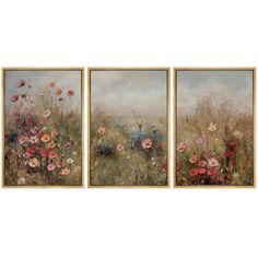 three paintings of flowers on a white wall