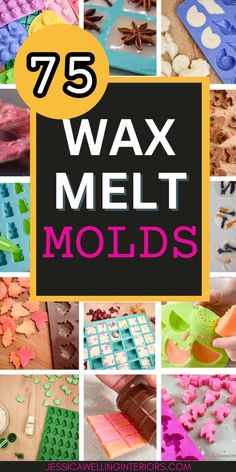 the words 75 wax melt molds on top of pictures of different shapes and sizes