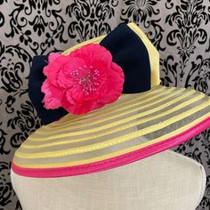 Ladies Derby Hat By Milano Stylish Yellow, Pink, With Blue In Bow 4” Brim 8” Inside Opening New Sf/Pf Home Spring Yellow Adjustable Mini Hats, Yellow Mini Hat With Short Brim For Kentucky Derby, Yellow Hats For Kentucky Derby Vacation, Yellow Fitted Beach Hat, Fitted Yellow Beach Hat, Fitted Summer Visor Hat, Multicolor Flat Brim Sun Hat For Kentucky Derby, Yellow Brimmed Straw Hat, Yellow Mini Hats With Short Brim For Summer