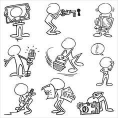 cartoon stickers depicting people with different types of things to see in their hands, including keys