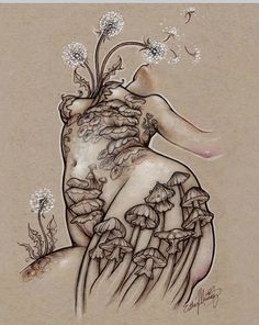 a drawing of a woman with flowers on her back