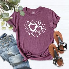 Heart Shirt, Love Shirt, Valentine Shirt, Women Hearts T-Shirt, Lovely Mom Gift, Double Heart Outfit, Valentine's Day Gift High quality Bella + Canvas soft t-shirt for women gift, birthday anniversary, mother's day and Happy Valentine's Day girls women. Plus size Welcome to our store! -We specialize in funny, customizable apparel shirts in different colors and styles printed on ultra-soft, super comfortable, and breathable material. -Solid colors %100 Cotton. Heather Colors %52 Cotton %48 Polyes Heart Outfit, Hubby Wifey Shirts, Married Shirt, Valentine Shirt, Kindness Shirts, Heart Shirt, Double Heart, Valentines Day Shirts, Love Shirt