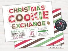 the christmas cookie exchange is on display in front of a white wooden background with red, green and brown stripes