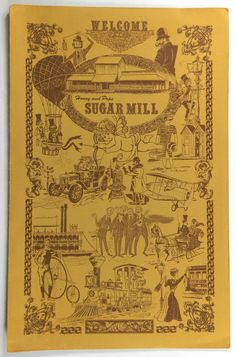 an old yellow book with pictures of people and vehicles on it, in front of the words welcome sugar mill