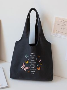 Black Preppy Collar  Fabric Animal,Letter Shopper Bag Embellished   Women Bags Black Preppy, Animal Letters, Fabric Animals, Reusable Tote Bags, Bag Lady