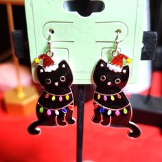 Cute Kitty Christmas Earrings, Pierced, Perfect For Every Cat Lover At Christmas! Cute Black Jewelry For Party, Party Jewelry With Cat Design And Cat Ears, Party Jewelry With Cat Design, Cute Cat Design Earrings For Party, Cute Christmas Festive Jewelry, Cute Christmas Party Jewelry, Black Cat Ears Earrings For Party, Playful Black Earrings For Gift, Cute Black Party Earrings