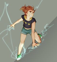 a drawing of a person with short hair and green shoes