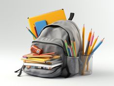 a back pack with school supplies and pencils in it, on a white background