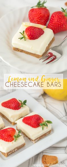 lemon and strawberry cheesecake bars on a white plate with strawberries in the background