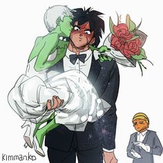 an image of a man holding a woman in his arms with flowers on her shoulder