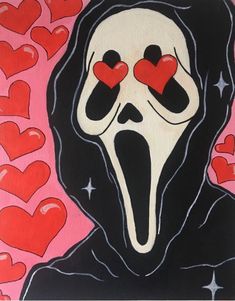 a painting of a skeleton with red hearts on it's eyes and mouth, in front of a pink background