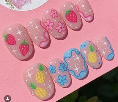 Cute Drawings Nails, Madoka Magica Nails, Weird Nails Design, Sherbert Nails, Casual Summer Nails, Cute Short Nail Art, Fake Nails Designs, Art Deco Nails