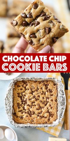 chocolate chip cookie bars in tin foil with text overlay