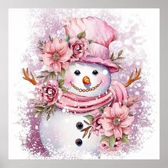 a painting of a snowman wearing a pink hat and scarf with flowers on it