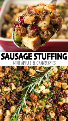 sausage stuffing with apples and cranberries in a casserole dish is shown