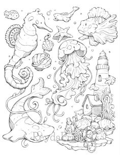 an ocean scene with seahorses, lighthouse and other marine creatures in black and white