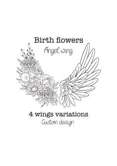 the birth flowers angel wing coloring page is shown in black and white, with an image of