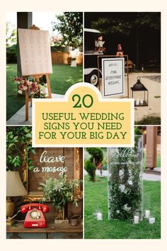 wedding signs you need for your big day with flowers and greenery on the grass