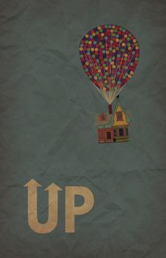 a colorful hot air balloon flying over a house on top of a blue paper with the word up above it