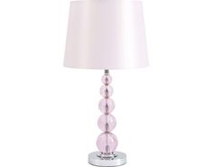 a pink lamp with a white shade on it's side and a silver base