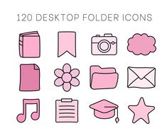 a set of pink and white icons with the words 120 desktop folder icons on them