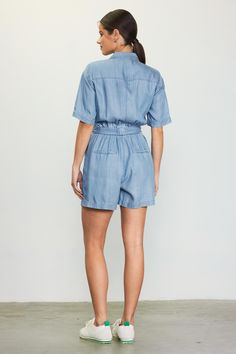 Inspired by vintage utility styles, this washed chambray romper has a functional front zipper and a self-tie belt for a customizable fit. Pack it in your suitcase for the simplest one-and-done vacation look. •Short sleeves •Pointed collar •Front zipper •Patch pockets at chest •Pleated waist •Optional self-tie belt •Slant hip pockets Item Number: 74595 100% LYOCELL Vacation Dresses Casual, Wedding Guest Dress Trends, Spring Rompers, Utility Romper, Skirt And Top Dress, Chambray Romper, Look Short, Linens And Lace, Casual Wedding Dress