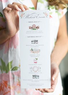 a woman holding up a menu card for a wedding ceremony in front of the camera