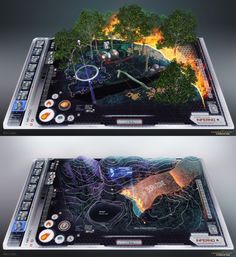 two video game screens showing the same scene as they appear to be being played on fire