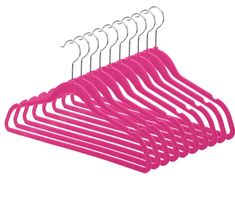 pink plastic hangers are hanging on a white background