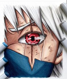 a drawing of an evil looking woman's face with red eyes and silver hair