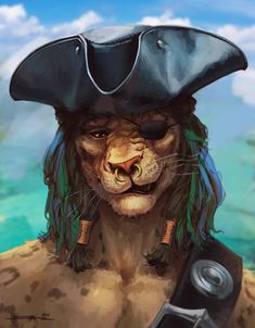 a painting of a lion wearing a pirate hat