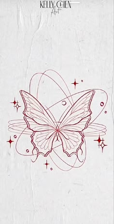 a drawing of a butterfly with stars on it's wings and the words, kitty gin art