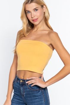 Strapless Solid Knit Bandeau in Cropped Fitted Body. 95% Cotton, 5% Spandex. Yellow Freesia, Katy B, Knit Bandeau, Holloween Costume, Corset Top, Tube Top, Online Purchase, Everyday Essentials Products, Bralette