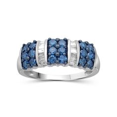 a ring with blue and white diamonds