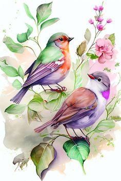 two birds sitting on top of a branch with flowers and leaves around them, painted in watercolor