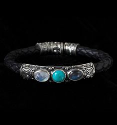 Sterling Silver Leather Bracelet with Rainbow Moonstone, Labradorite & Tibetan Turquoise handcrafted by Bluemoonstone Creations. #sterlingsilverbracelet #leatherbracelet #moonstonebracelet #labradoritebracelet #turquoisebracelet Moonstone Bracelet, Spiral Design, Silver Work, Silver Pieces