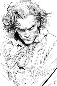 a black and white drawing of the joker