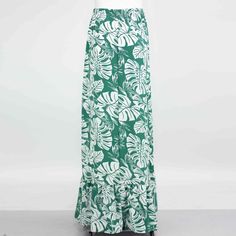 PRODUCT DETAILS Green leaf print Elastic waist Flared bottom Maxi skirt Casual to semi-formal style Material: 100% polyester PRODUCT CARE Wash before wear Machine wash with cold water Gentle cycle Do not bleach Tumble dry low