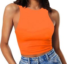 GEMBERA Women's High Neck Crop Tops Basic Racer Back Cropped Tank Workout Sleeveless Shirts Neon Orange L at Amazon Women’s Clothing store Cropped Shirts, High Neck Crop Top, Sleeveless Shirts, Orange Shirt, Crop Tank Top, Sport Dress, Sleeveless Shirt, Crop Shirt