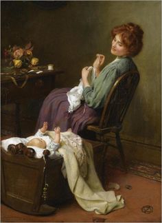 a painting of a woman sitting in a chair next to a baby