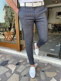 GentWith Tampa Slim Fit Pinstripe Linen Pants - Dark Blue Tuxedo Wedding Suit, Slim Fit Pants Men, Dark Blue Pants, Dark Blue Shirt, Mens Linen Pants, Plaid Dress Pants, Pinstriping Designs, Versatile Pants, Pinstripe Pants